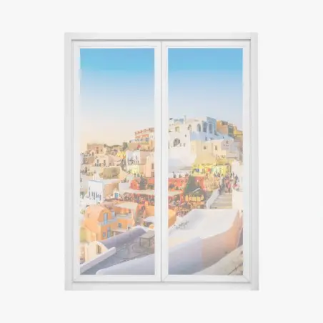 Pegatina para ventana panorama de Santorini al atardecer – Pixers®