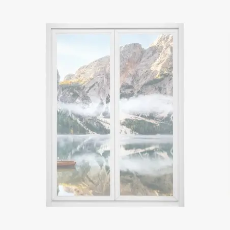 Pegatina para ventana lago alpino con barcas y reflejo sereno – Pixers®