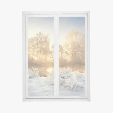 Pegatina para ventana amanecer dorado en paisaje invernal – Pixers®