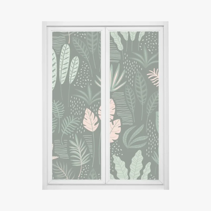 Pegatina para ventana jardín botánico en tonos verde y rosa