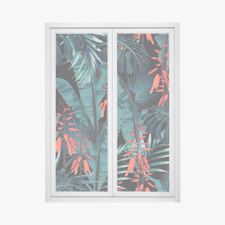 Pegatina para ventana follaje tropical azul con flores rojas – Pixers®