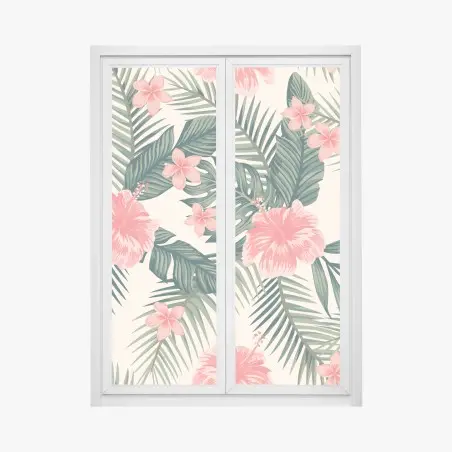 Pegatina para ventana composición tropical de hibisco y hojas verdes – Pixers®