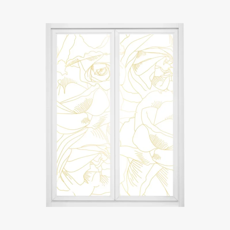 Pegatina para ventana patrón de rosas doradas sobre fondo blanco