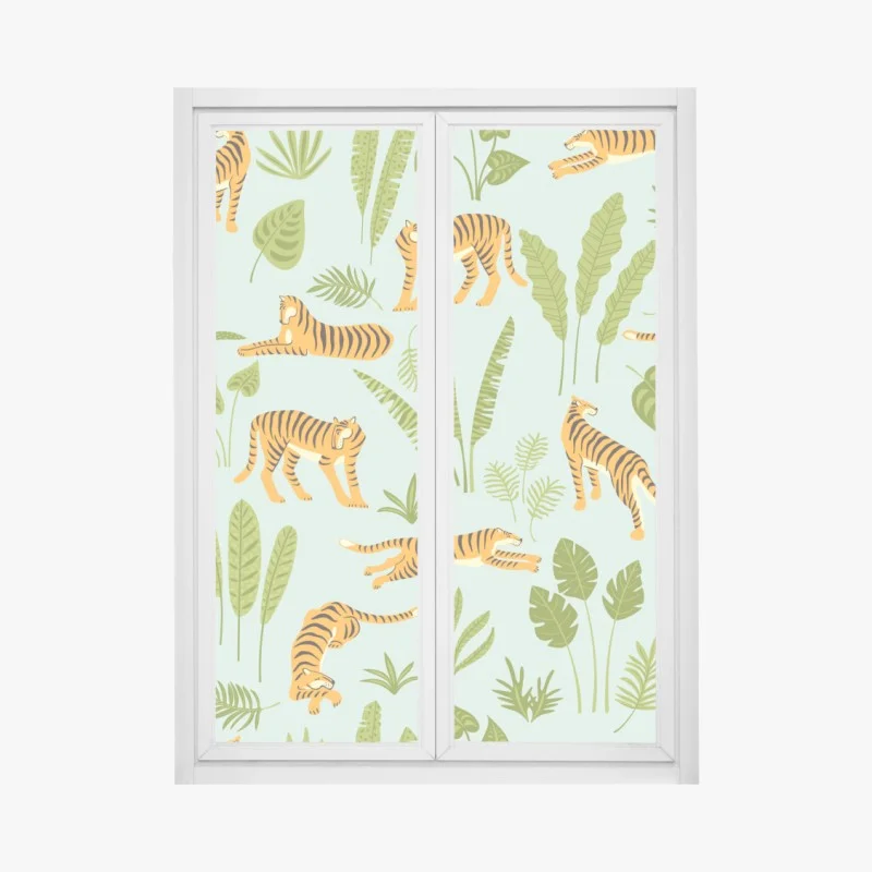 Pegatina para ventana patrón de tigres y hojas tropicales