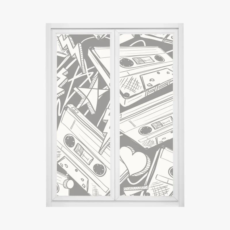 Pegatina para ventana patrón retro de casetes y corazones