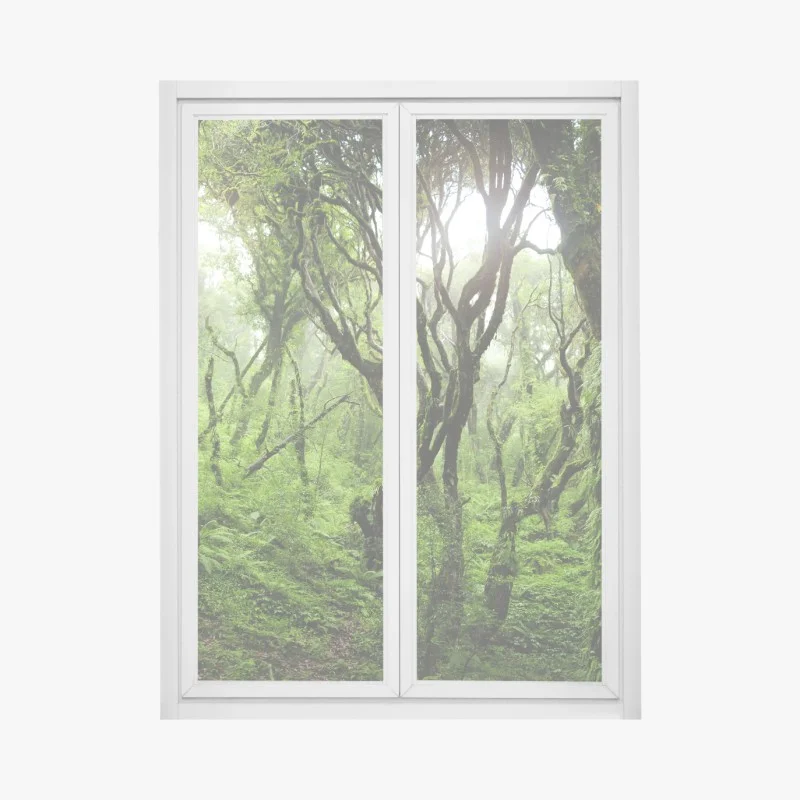 Pegatina para ventana bosque místico de musgo y niebla