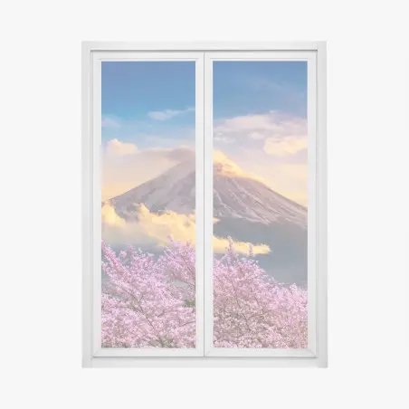 Pegatina para ventana amanecer en Monte Fuji con cerezos en flor – Pixers®
