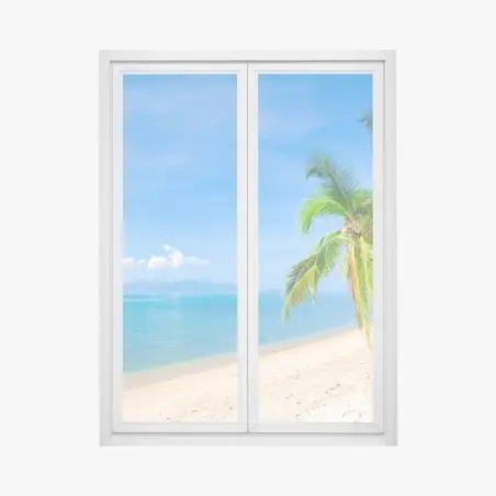 Pegatina para ventana playa tropical con palmeras y mar turquesa – Pixers®