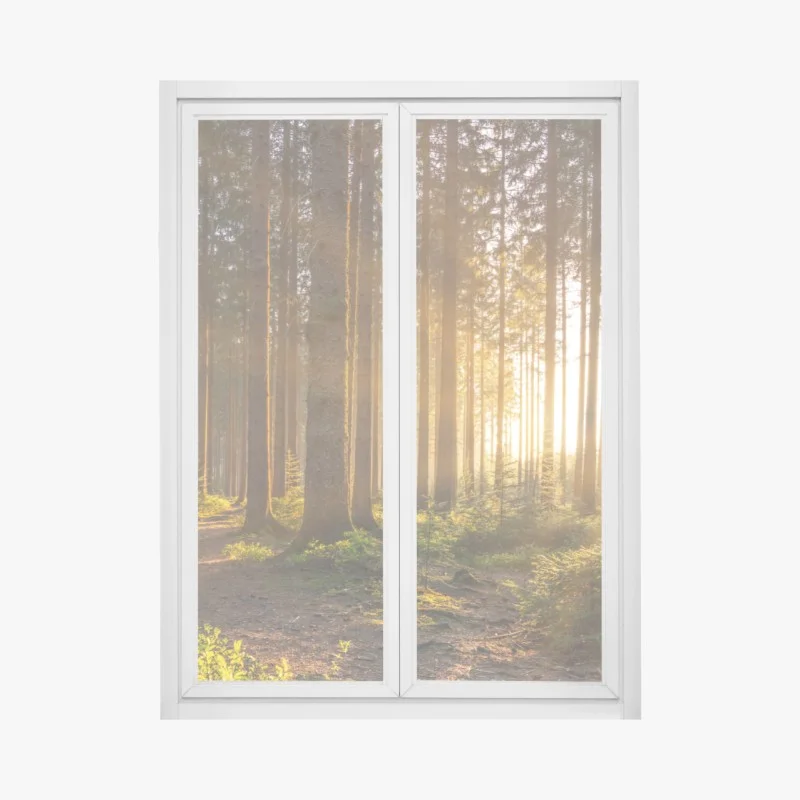 Pegatina para ventana amanecer dorado en el bosque