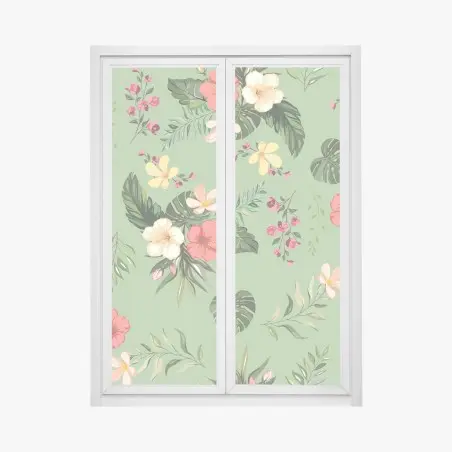 Pegatina para ventana diseño tropical de flores y hojas sobre fondo verde – Pixers®
