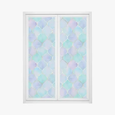 Pegatina para ventana patrón marroquí en acuarela turquesa y lavanda con contornos dorados – Pixers®