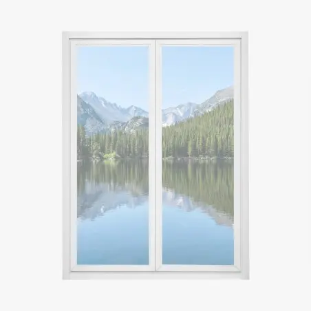 Pegatina para ventana lago de montaña con reflejo y bosques de pinos – Pixers®