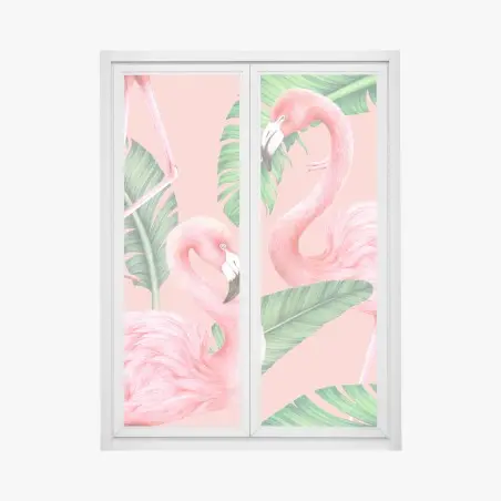 Pegatina para ventana patrón tropical de flamencos en tonos rosa – Pixers®