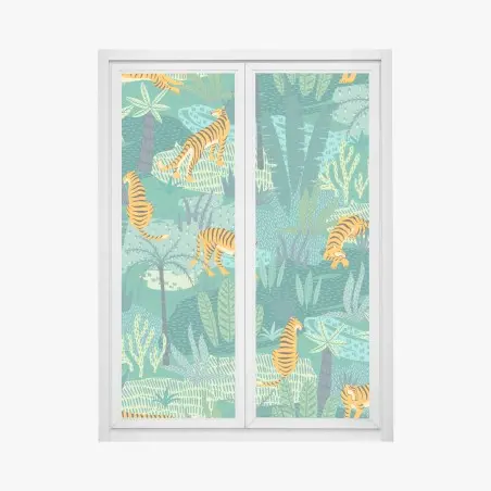 Pegatina para ventana selva de tigres en tonos verdes y turquesa – Pixers®