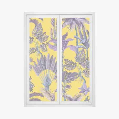 Pegatina para ventana estampado tropical vintage en morado sobre fondo amarillo – Pixers®