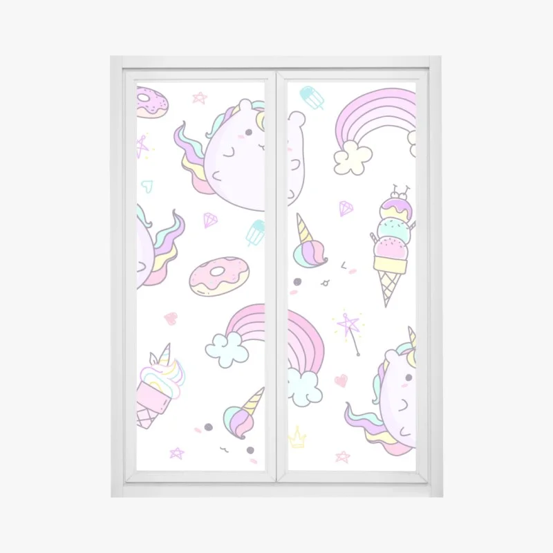 Pegatina para ventana diseño infantil de unicornios kawaii y arcoíris