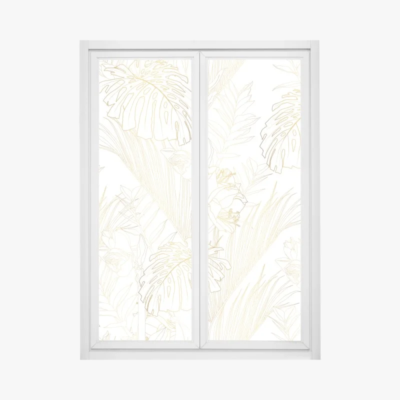 Pegatina para ventana patrón botánico dorado sobre fondo blanco