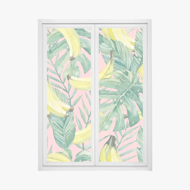Pegatina para ventana hojas tropicales y bananas en acuarela sobre fondo rosa