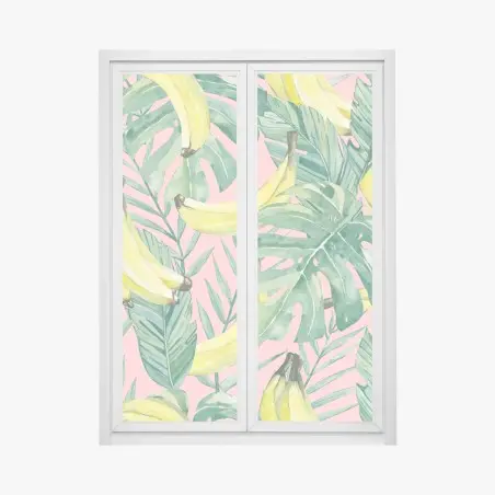 Pegatina para ventana hojas tropicales y bananas en acuarela sobre fondo rosa – Pixers®