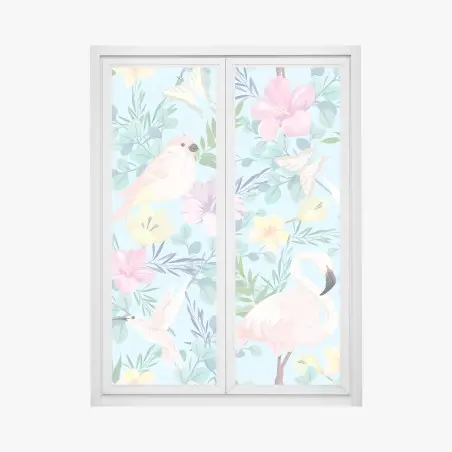 Pegatina para ventana jardín tropical en tonos pastel con aves – Pixers®