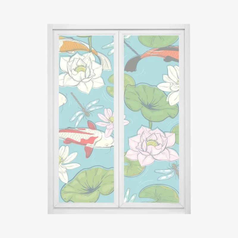 Pegatina para ventana escena de carpas koi y flores de loto sobre estanque