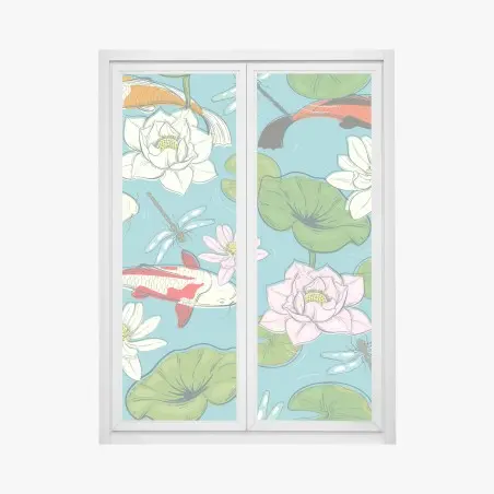 Pegatina para ventana escena de carpas koi y flores de loto sobre estanque – Pixers®
