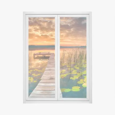 Pegatina para ventana amanecer dorado en el muelle del lago – Pixers®