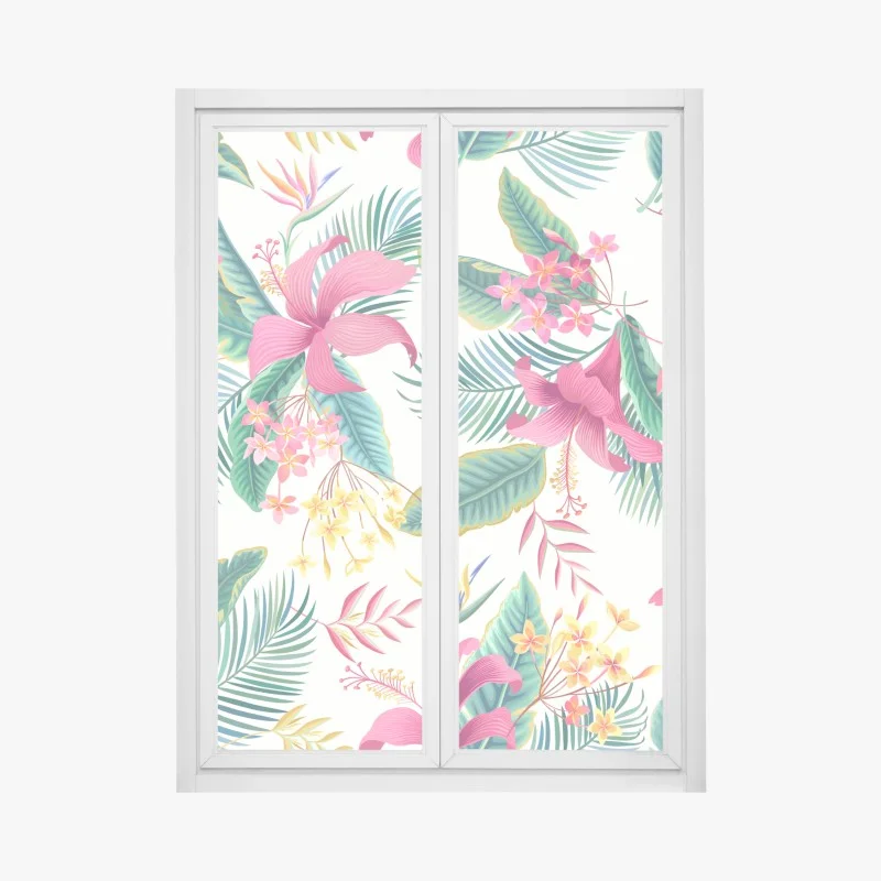 Pegatina para ventana jardín tropical en colores vibrantes