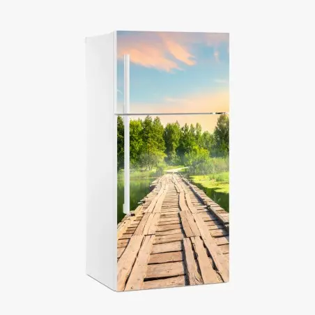 Pegatina para frigorífico puente rústico sobre lago al atardecer – Pixers®
