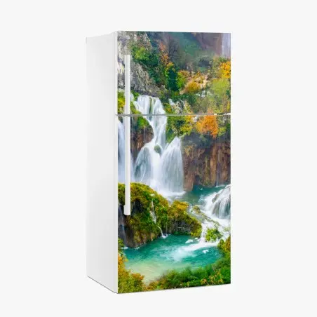 Pegatina para frigorífico cascada otoñal sobre aguas turquesa – Pixers®