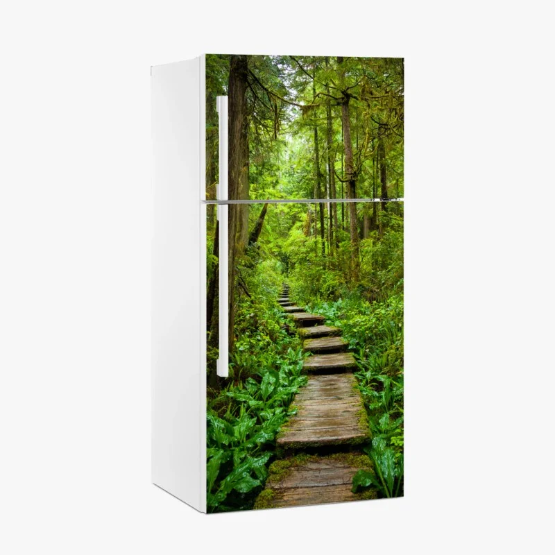 Pegatina para frigorífico sendero de madera en bosque esmeralda