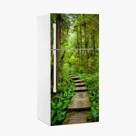 Pegatina para frigorífico sendero de madera en bosque esmeralda – Pixers®