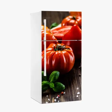 Pegatina para frigorífico tomates rústicos y albahaca sobre madera – Pixers®