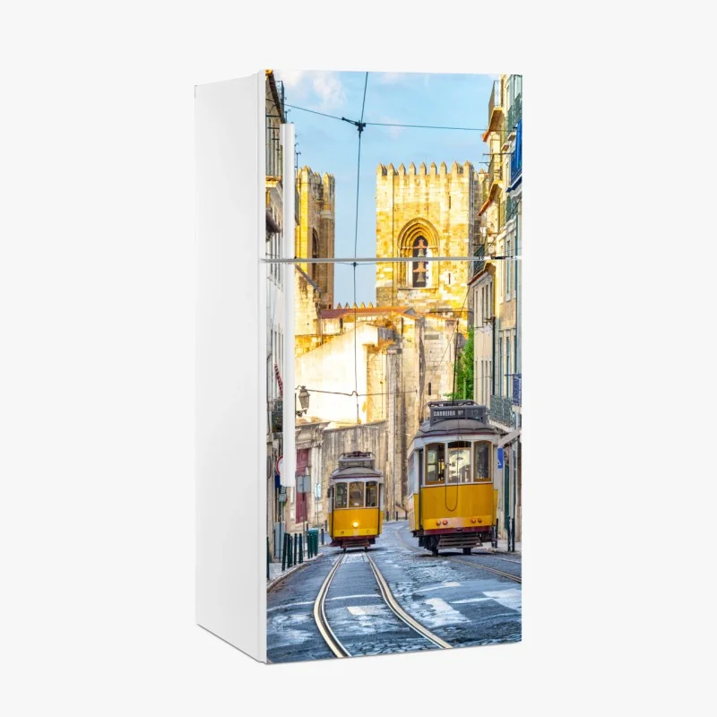 Pegatina para frigorífico tranvía amarillo de la línea 28 en Lisboa