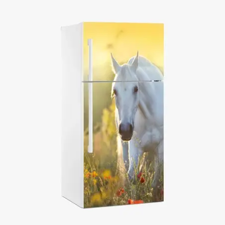 Pegatina para frigorífico caballo blanco entre amapolas al amanecer – Pixers®