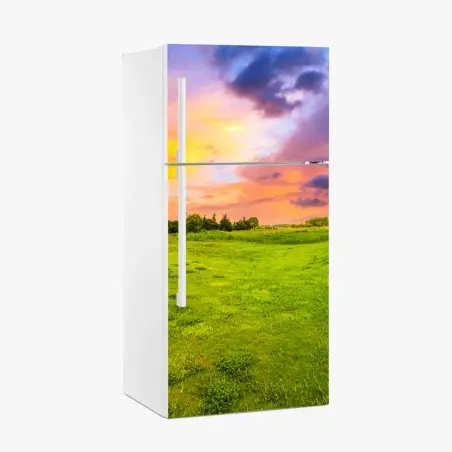 Pegatina para frigorífico paisaje de pradera al atardecer con cielo colorido – Pixers®
