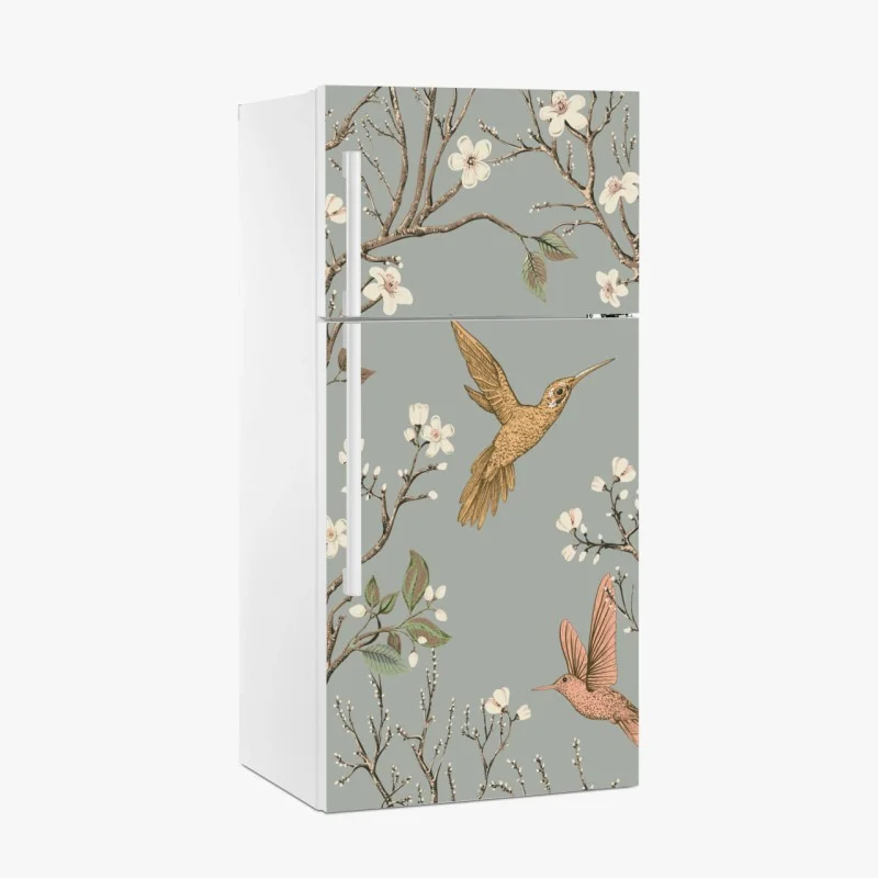 Pegatina para frigorífico colibríes y flores en ramas estilo botánico