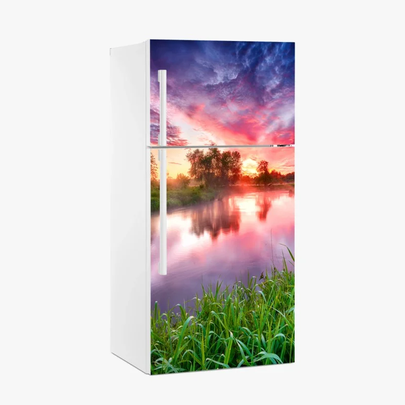 Pegatina para frigorífico amanecer vibrante sobre el río