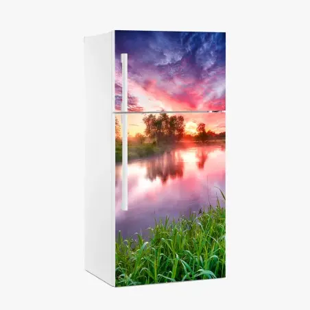 Pegatina para frigorífico amanecer vibrante sobre el río – Pixers®