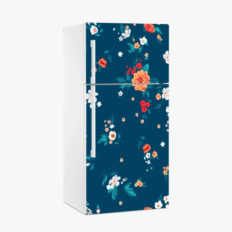 Pegatina para frigorífico estampado floral azul con flores naranjas y blancas