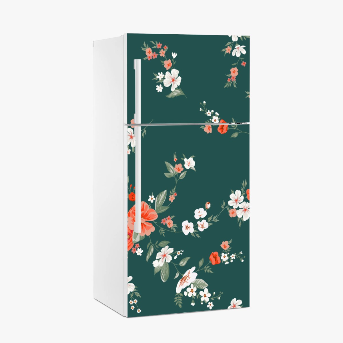 Pegatina para frigorífico patrón floral elegante en verde oscuro y coral – Pixers®
