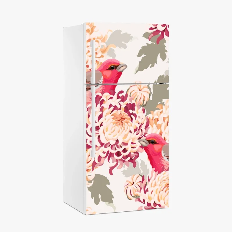 Pegatina para frigorífico crisantemos y aves en tonos rosados