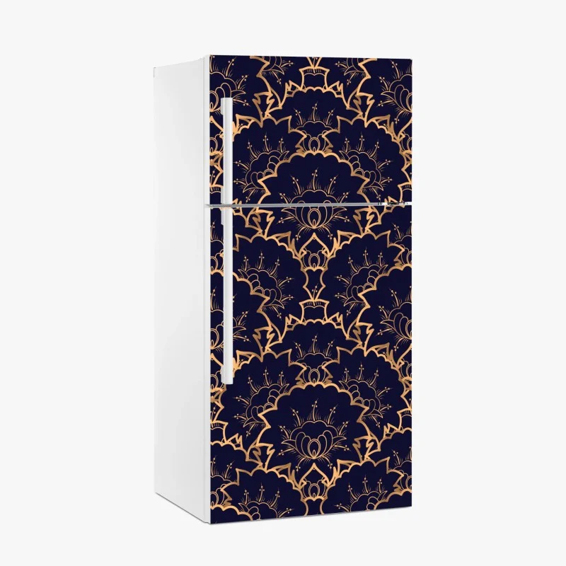 Pegatina para frigorífico patrón floral dorado sobre fondo azul marino