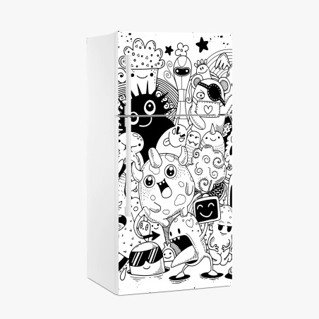 Pegatina para frigorífico explosión de personajes doodle en blanco y negro – Pixers®