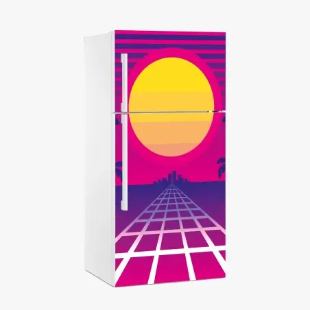 Pegatina para frigorífico atardecer retro en neón con palmeras y rejilla – Pixers®