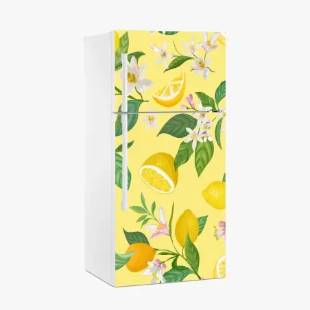 Pegatina para frigorífico estampado botánico de limones y flores sobre fondo amarillo – Pixers®