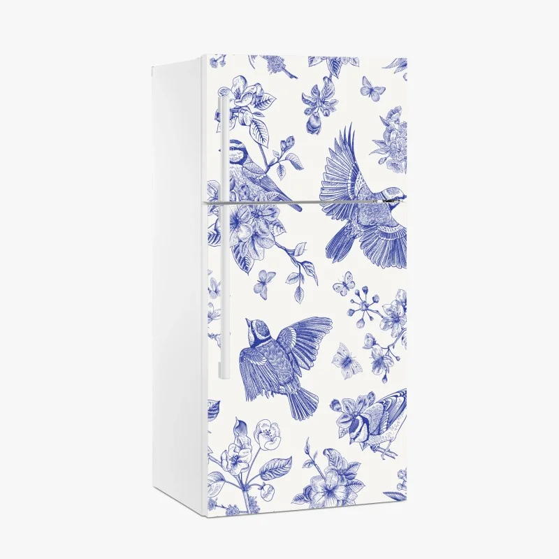 Pegatina para frigorífico patrón botánico de aves en tinta azul