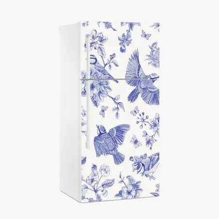 Pegatina para frigorífico patrón botánico de aves en tinta azul – Pixers®