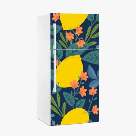 Pegatina para frigorífico estampado de limones y hojas sobre fondo azul – Pixers®