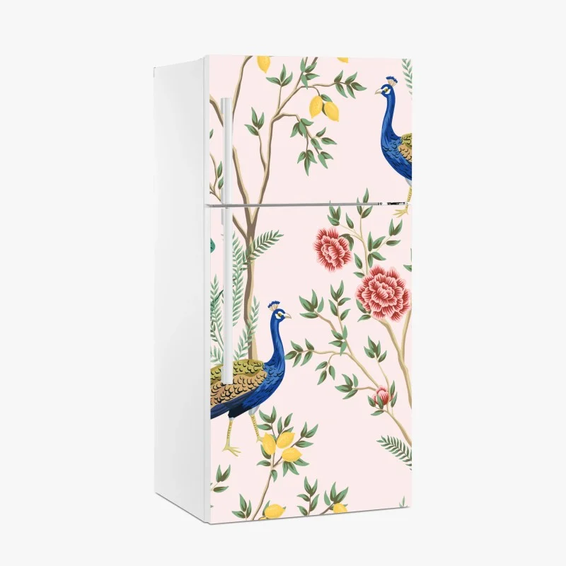 Pegatina para frigorífico pavos reales y flores sobre fondo rosa